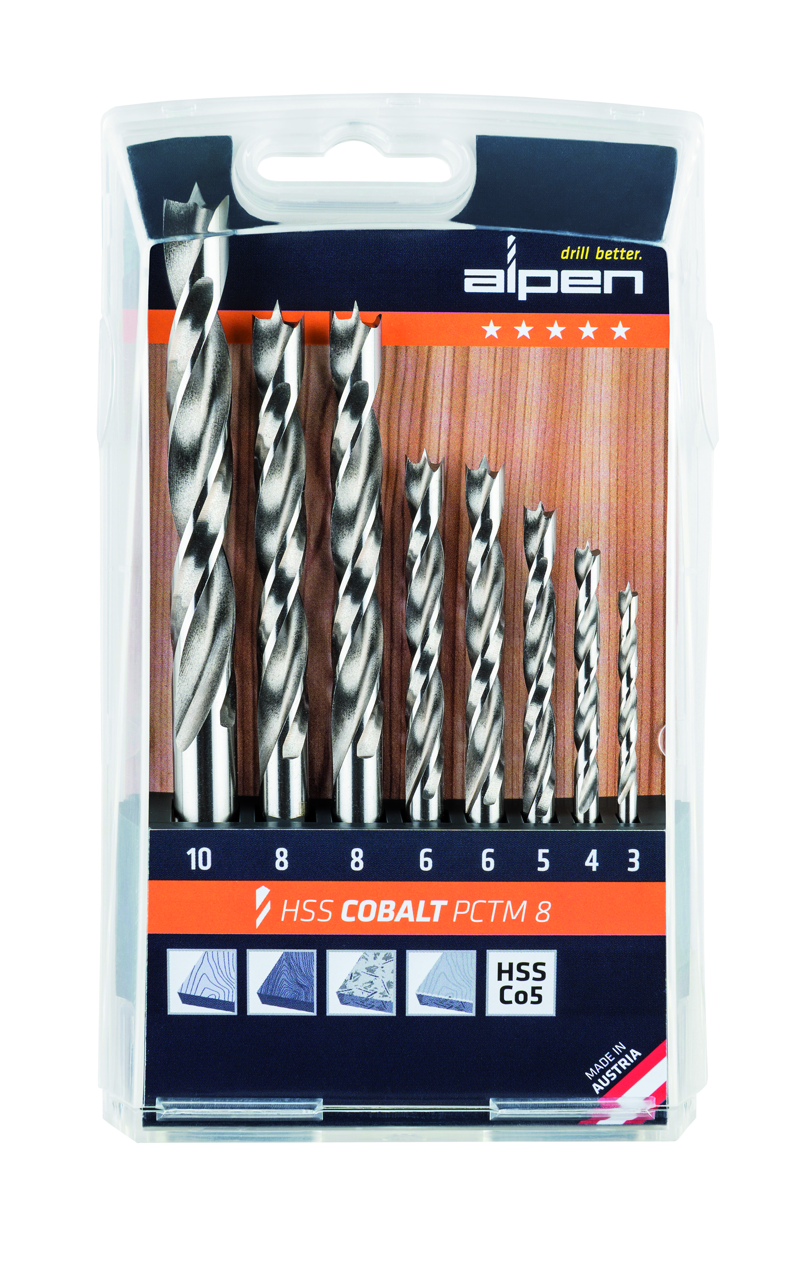 0063300008100 Houtspiraalborenset HSS Cobalt – PCTM 8 – Ø 3,0-8,0 mm – 8-delig – Box