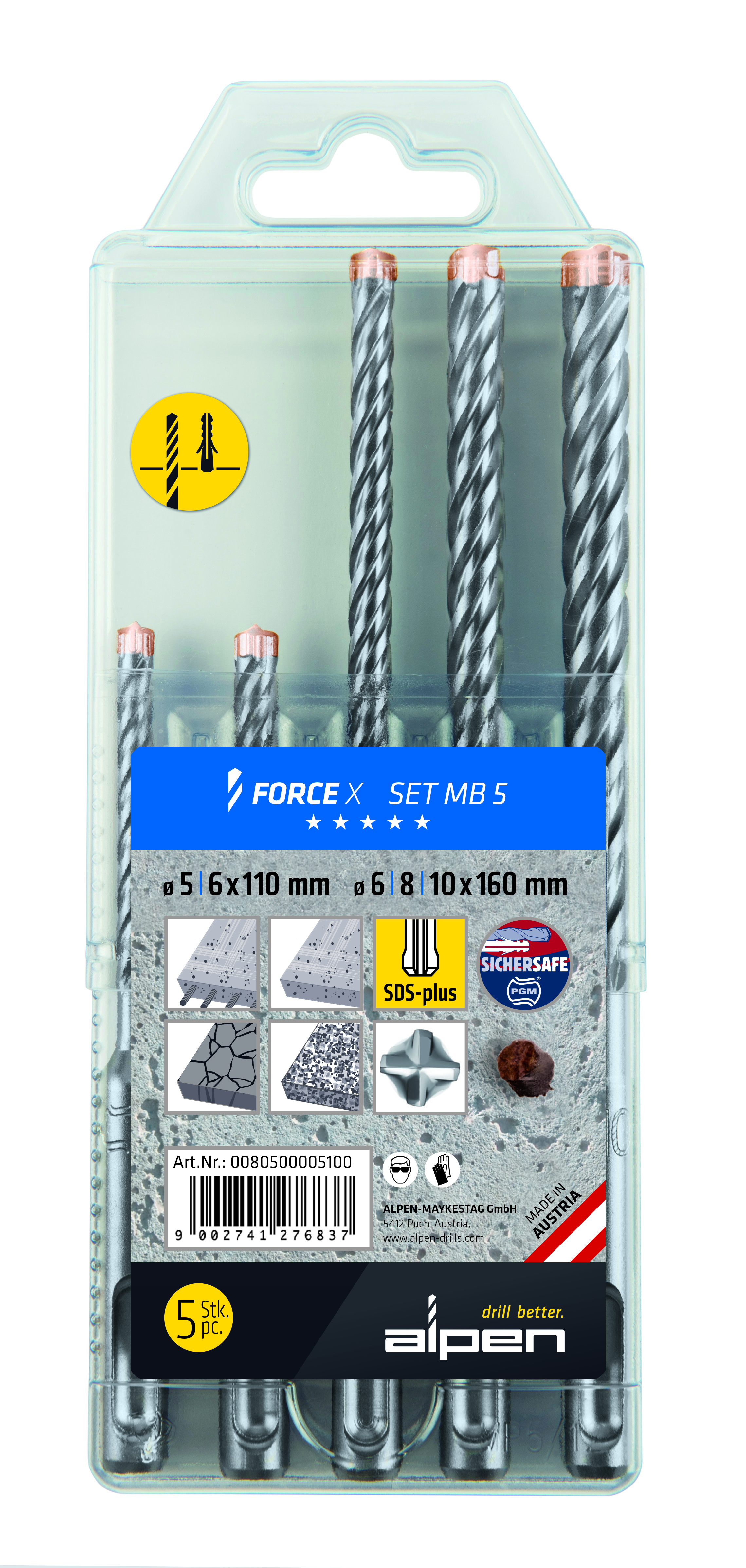 0080500005100 Hamerboorset SDS-plus Force X – Ø 5,0-10,0 mm – 5-delig – Box
