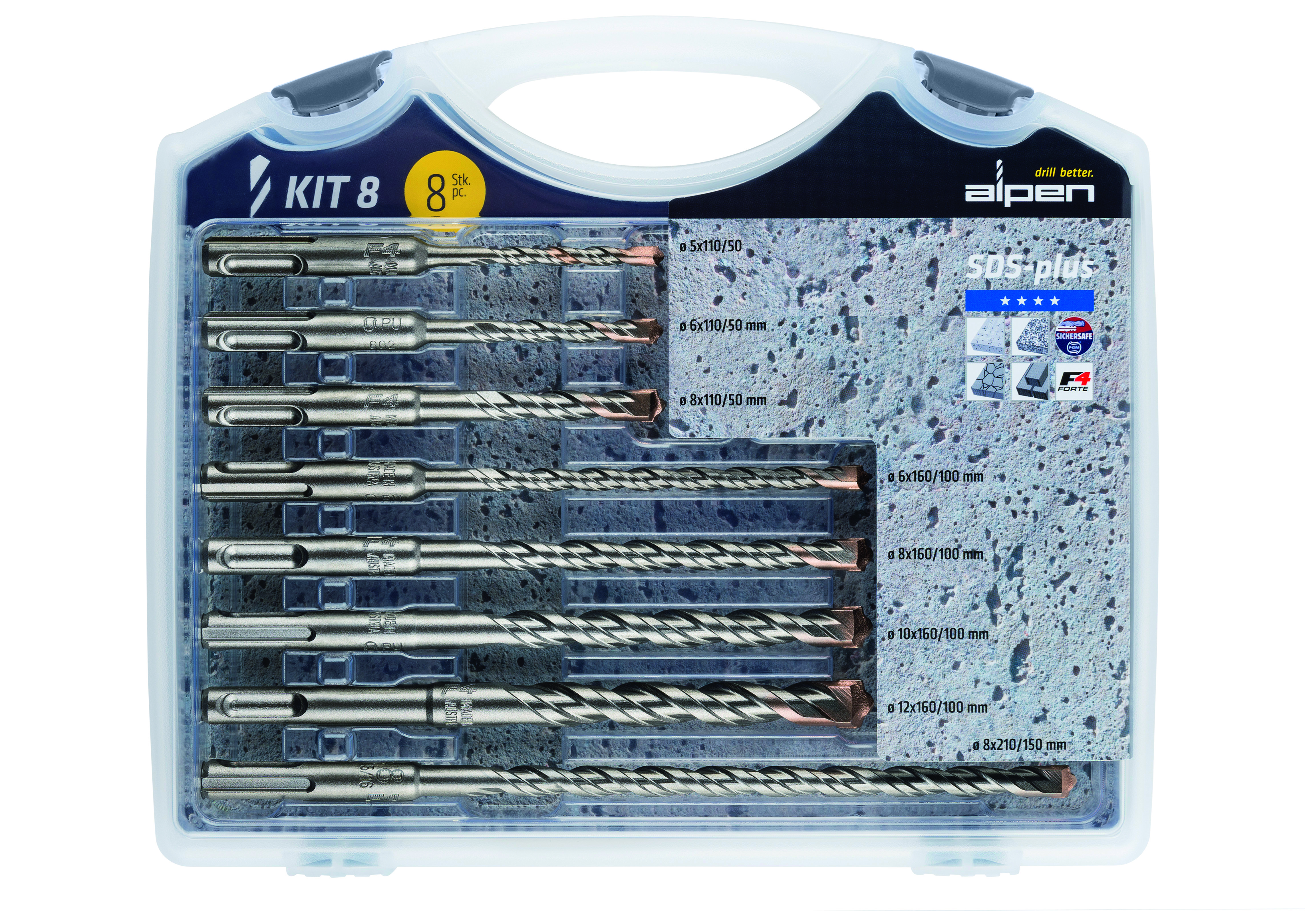 0080704100100 Hamerborenset SDS-plus F4 Forte – SET 8 – Ø 5,0-12,0 mm – 8-delig – Koffer