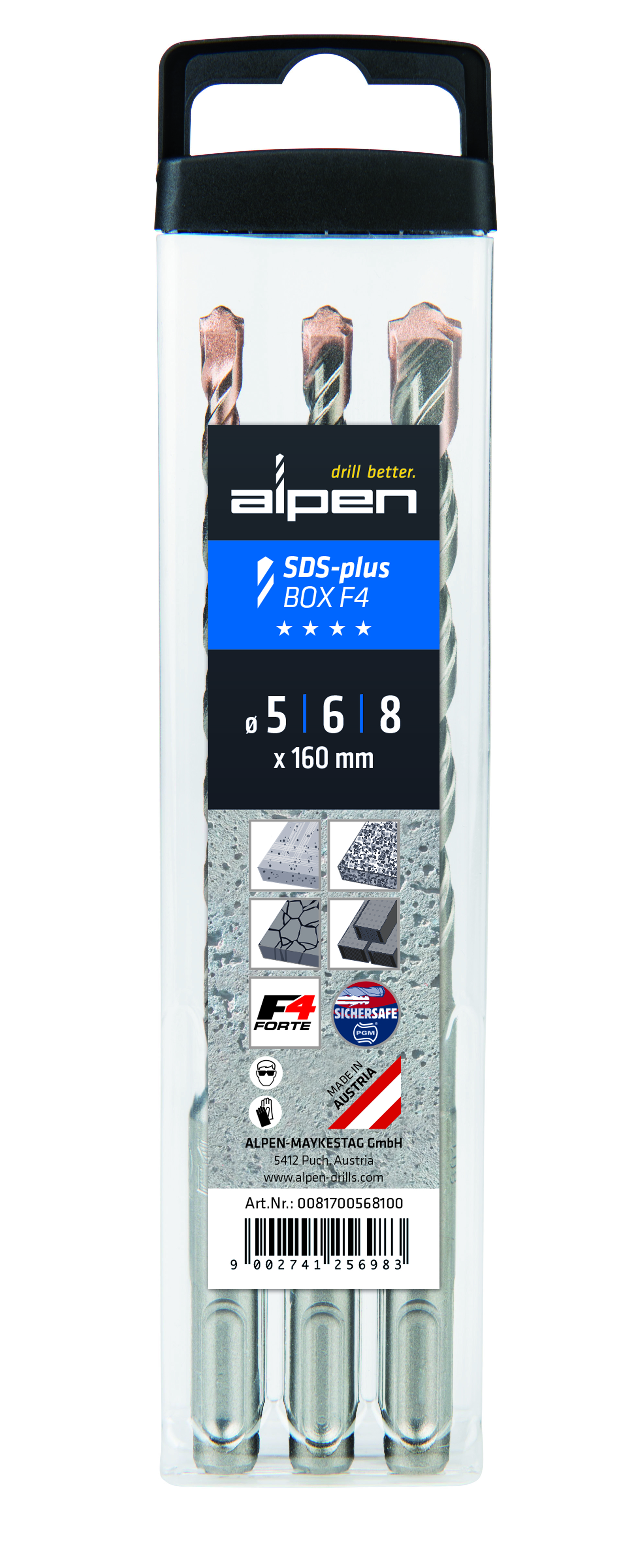 0081700568100 Hamerboorset SDS-plus F4 – 3-delig – Ø 5,0-6,0-8,0 mm – 160 mm – Etui