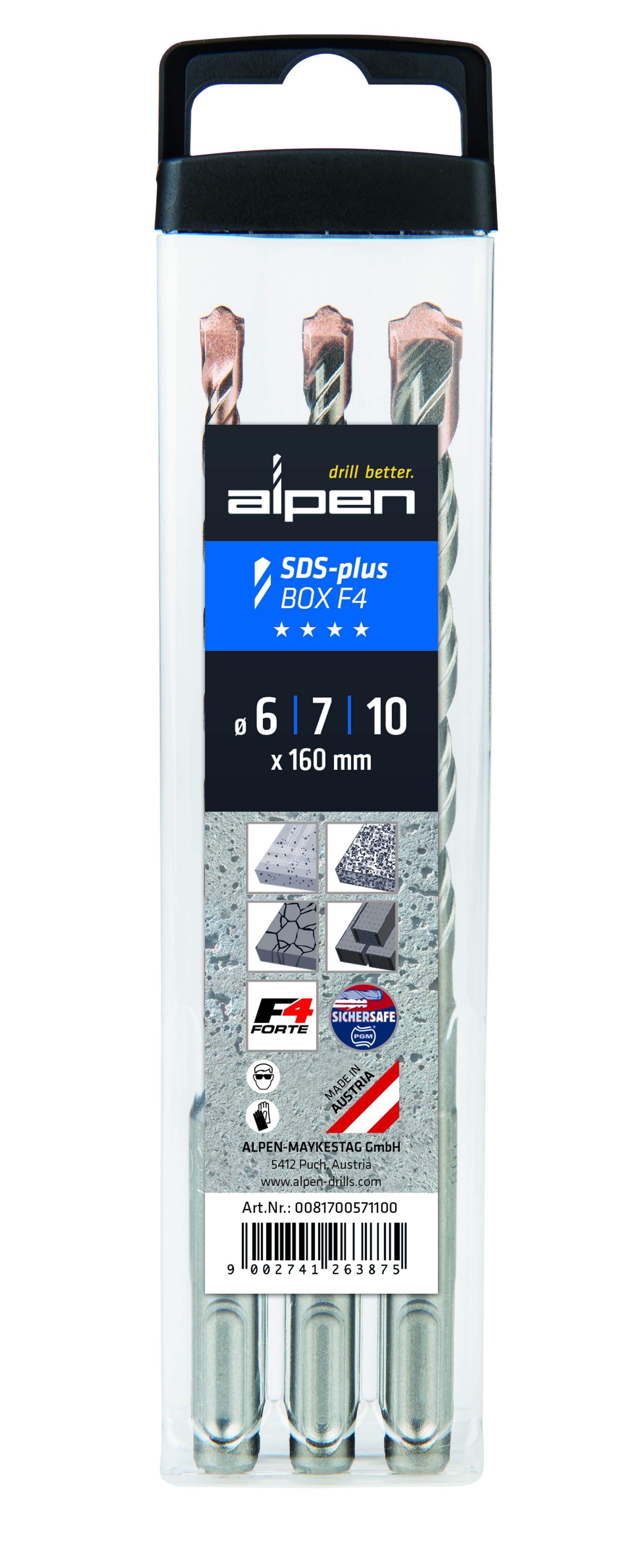 0081700571100 Hamerboorset SDS-plus F4 – 3-delig – Ø 6,0-7,0-10,0 mm – 160 mm – Etui